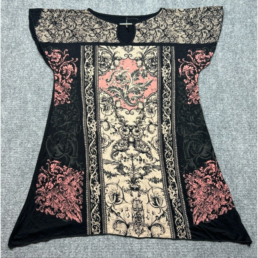 Skinny Minnie Top Blouse Womens L Multicolor Split Neck Cap Sleeve Stretch New